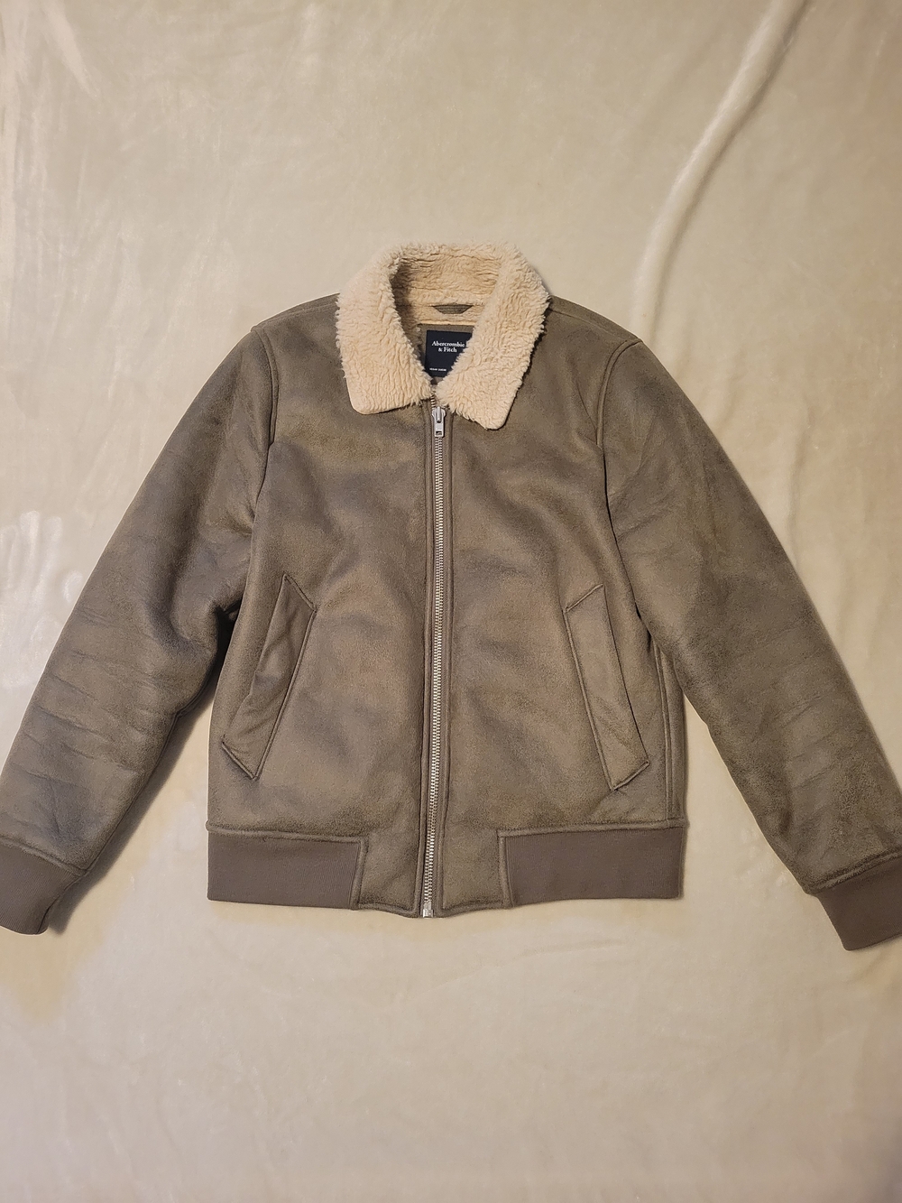 Abercrombie & Fitch Men's Vegan Suede Bomber Jacket with Full Sherpa Lining